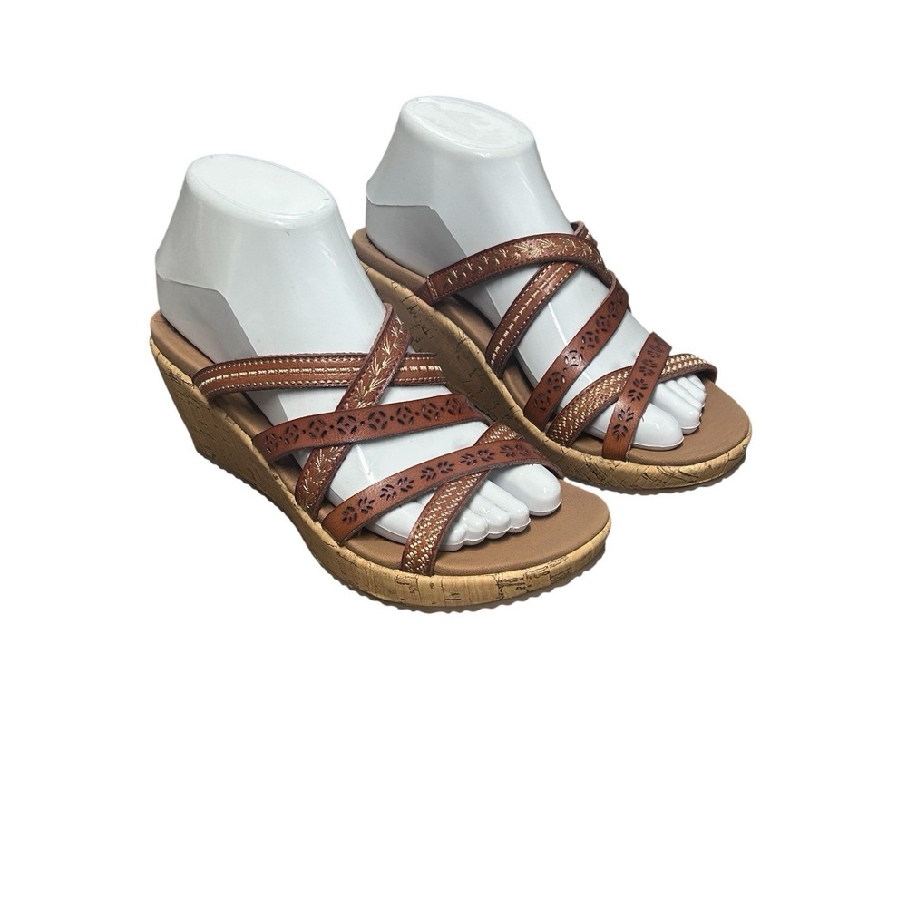 Skechers‎ Beverlee Tiger Posse Sandals Women's 7.5 Luggage Brown Wedge Strappy